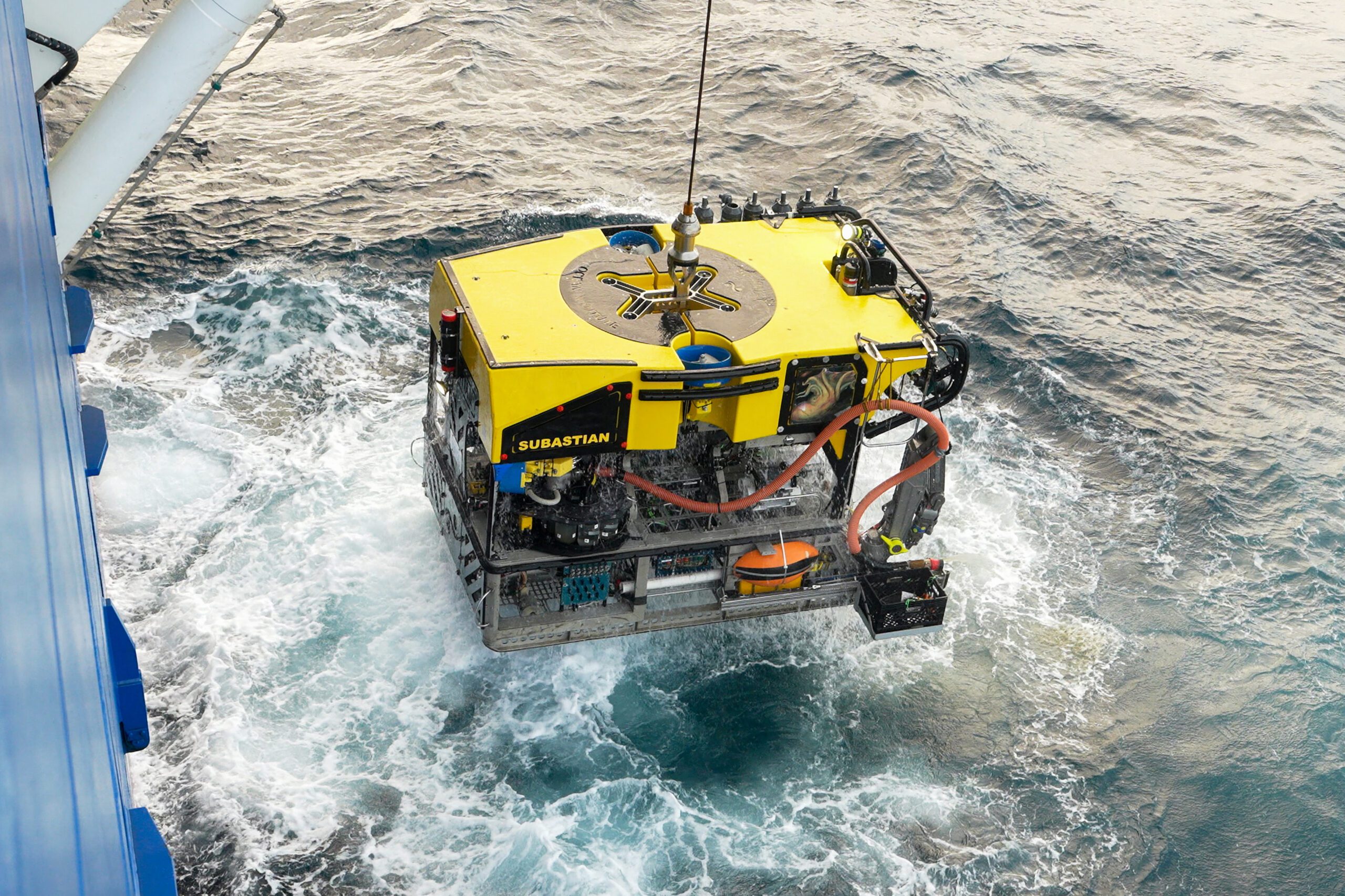 ROV SuBastian is recovered onto research vessel Falkor (too) off Argentina's coast above the Mar del Plata underwater canyon.
Credit: Misha Vallejo Prut / Schmidt Ocean Institute
All visual assets (Images, videos, etc) can only be used as stated by creative commons Attribution-NonCommercial-ShareAlike
CC BY-NC-SA
Attribution — You must give appropriate credit, provide a link to the license, and indicate if changes were made. You may do so in any reasonable manner, but not in any way that suggests the licensor endorses you or your use.
NonCommercial — You may not use the material for commercial purposes.
ShareAlike — If you remix, transform, or build upon the material, you must distribute your contributions under the same license as the original.
https://creativecommons.org/licenses/by-nc-sa/4.0/