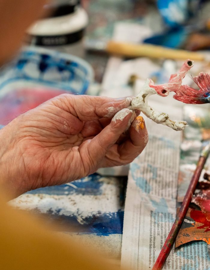 Pablo Penchaszadeh, retired professor of marine biology and now artist-at-sea on board of R/V Falkor (too). works on one of his paintings in the Main Lab of the ship. .

CREDIT: Misha Vallejo Prut / Schmidt Ocean Institute